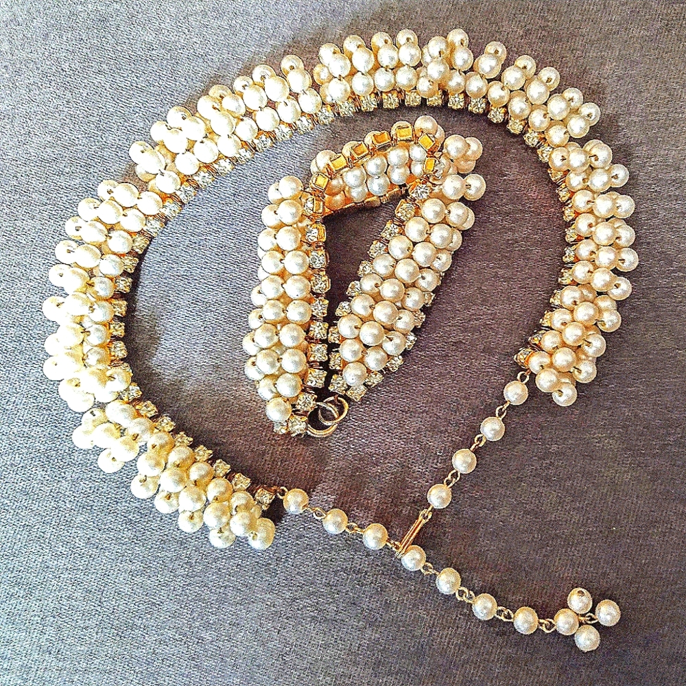 Vintage Pearl & Rhinestone Bracelet Choker Set